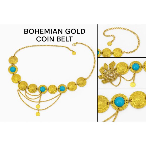 Bohemian Gold Tone Coin Belt 35" with Turquoise Accents Belly Dance Costume - Picture 1 of 4